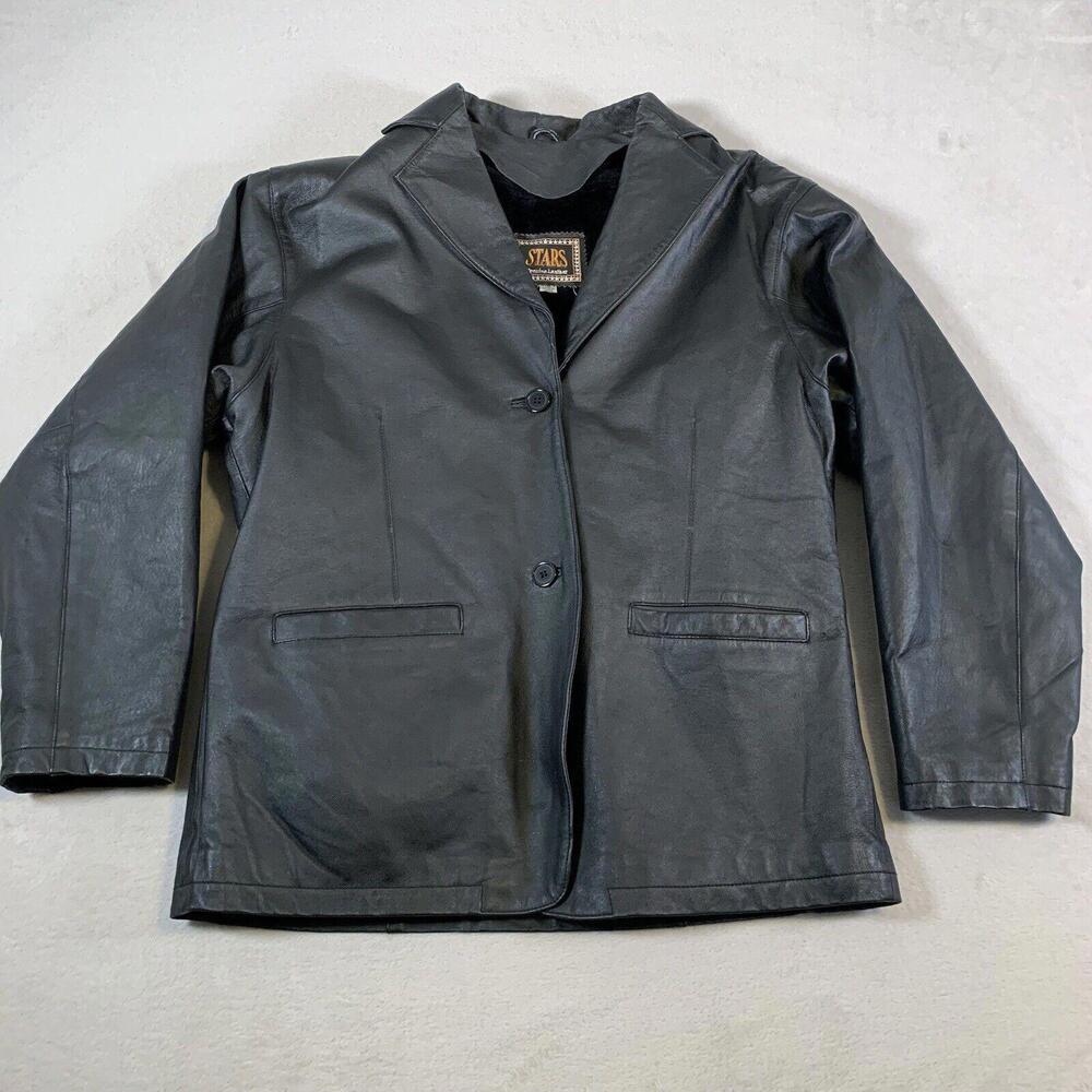 Stars Leather Jacket Women's Size 2XL Black Full Zip Pockets Outdoors Fur Lined